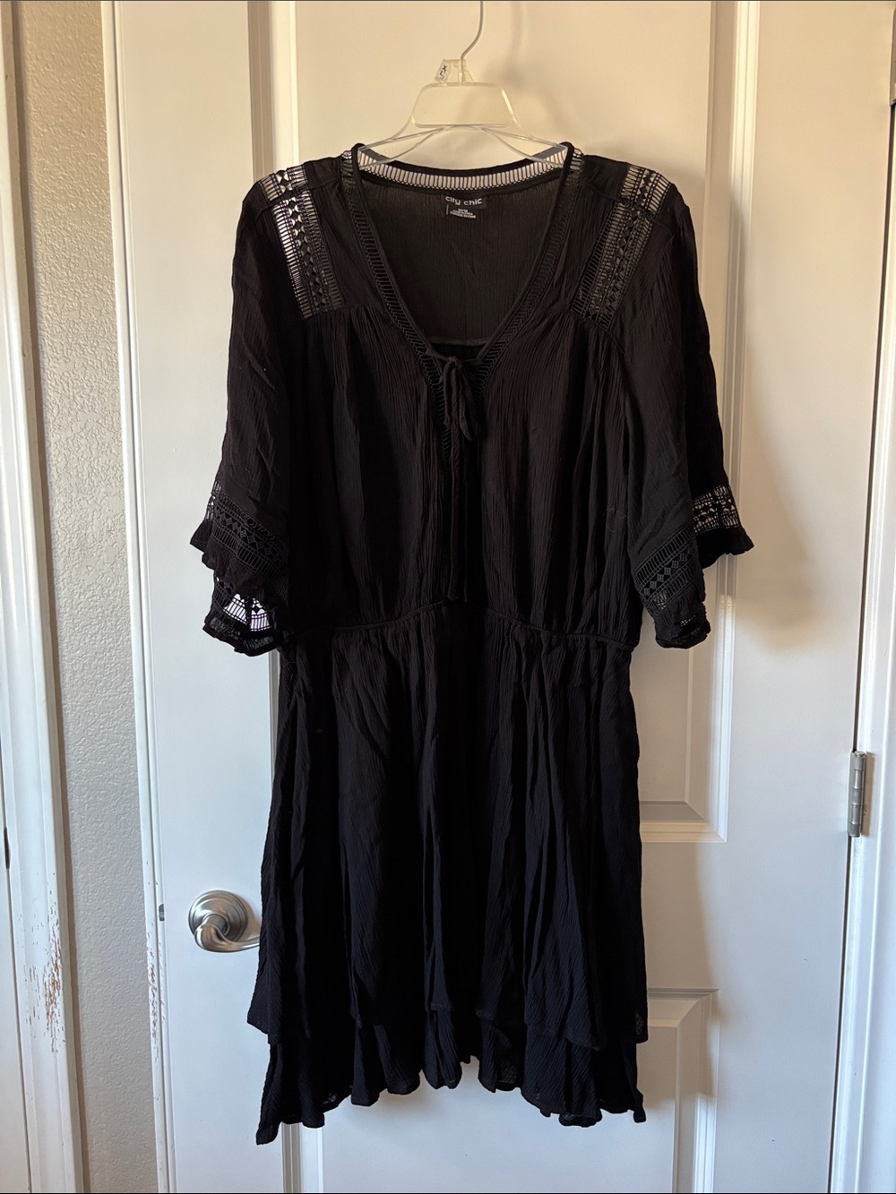 City Chic Black Boho Crochet Trim Dress